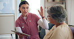 Nurse, senior woman and explain with tablet on sofa, questions and survey for wellness in retirement home. Elderly person, talk and digital touchscreen, app or listen with healthcare advice in lounge