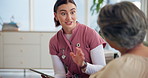 Nurse, senior woman and talking with tablet on sofa, questions and survey for wellness in retirement home. Elderly person, consulting and digital touchscreen, application and health advice in lounge