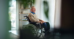 Elderly, wheelchair and man with thinking in home for reflection, remember old life and rehabilitation hope. Retirement, senior and person with disability, peaceful and daydreaming with window view