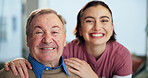 Face, caregiver and elderly person in nursing home, smile and support for patient with disability. Rehabilitation, senior care and help for pensioner in hospital, medical professional and healthcare