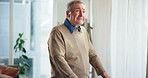 Senior man, thinking and walking frame in home for memory, nostalgia or recovery from injury in retirement. Elderly person with disability, perspective or rehabilitation process for mobility at house