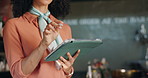 Tablet, hands and barista in coffee shop for planning with inventory list for stock checking. Digital technology, startup and female small business owner with online order for cafeteria or restaurant