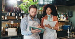 Tablet, team and review with people in cafe for inventory checklist, restaurant management and small business. Customer experience, critic and menu rating with man, woman and coffee shop app update