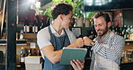 Tablet, celebration and fist bump with men in cafe for inventory checklist, restaurant management and small business. Customer experience, team and menu rating with barista, owner and coffee shop