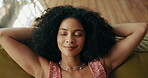 Happy, woman and relax with stretching on sofa for weekend break, stress relief or peaceful satisfaction. Above, african person and smile with rest in living room for day off, comfortable or wellness