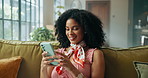 Home, smile and woman on sofa, cellphone and email with connection, social media and internet. Apartment, mobile user and happy person on couch, smartphone and digital app with network and texting