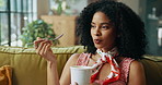 Black woman, ice cream and happy on sofa with snack for satisfaction, eating and craving in house. African girl, gelato and smile in home living room on couch for frozen dessert or yogurt and sweets