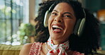 Laugh, music and happy woman dance in home, streaming sound or funny subscription on weekend. Living room, headphones and African person listening to favorite song, radio and excited with technology