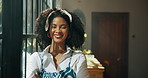 Woman, face and arms crossed with smile in home, morning and kitchen for pride, confidence or afro by window. African person, happy and trendy with style, portrait or start day at apartment in Kenya