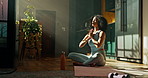 Yoga, meditation and woman breathe in home for wellness, health and balance on mat. House, morning and person for stretching, pilates and mindfulness for calm exercise, peace and spiritual awareness