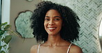 Face, dermatology and happy woman in bathroom for skincare, beauty and glow for morning routine at home. Portrait, cosmetics and African person with aesthetic, wellness and health with facial shine