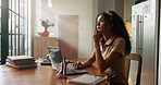 Thinking, student and woman with laptop, home and typing assignment on website, scholarship or digital. Education, online and person with tech for exam, college or girl with smile for project in dorm