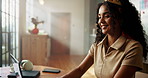 Happy, student and woman with laptop, home and typing assignment on website, scholarship and digital. Education, online and person with tech for exam, college and girl with smile for project in dorm