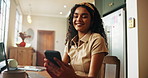 Laptop, study and university student with phone in home for learning break, text message or checking notifications. Gen z girl, laughing and smartphone for internet scrolling, elearning and education