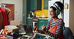 Delivery, dance or woman on laptop for small business, website orders or planning in home. Music headphones, clothes designer or celebration for ecommerce review, startup management or export goal