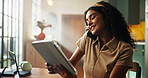 Woman, phone call or tablet in living room for remote work, communication or publisher contact. Writer, hello or calendar on tech for creative writing, book review or planning release date in home