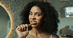Bathroom, face and woman with toothbrush for dental, oral care and teeth whitening with morning routine. Home, female person and portrait with bamboo for mouth treatment, hygiene and wellness for gum
