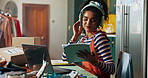 Business, tablet and woman with headphones, fashion and listening to music, laptop and sound. Happy person, entrepreneur and tailor with tech, headset and song for inspiration,  digital app and radio