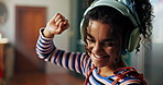Fashion designer, dance and woman with headphones for music, streaming album and happy in home. Audio, tailor and person with technology for sound, playlist or seamstress with remote work in boutique