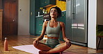 Yoga, girl and meditation with breathing on floor for holistic wellness, mindfulness and healing aura. Yogi, person and happy face for pilates in home with awareness, peaceful zen and mental health