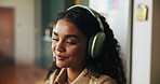 Home, smile and woman with headphones, movement and positive mindset in lounge. Apartment, energy and person with headset, audio and sound with break, radio and listening to music, calm and dance