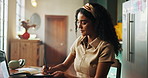 Remote work from home, writing and woman with creativity, thinking or planning for article. Person, copywriting or journalist in workspace, brainstorming or inspiration for review, decision or ideas
