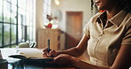 Remote work from home, writing and woman with fashion business, thinking or planning schedule. Person, creative or entrepreneur in workspace, brainstorming or inspiration for project, choice or ideas