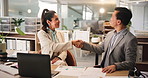 Handshake, interview and businesswoman with candidate in office for recruitment process with CV. Meeting, onboarding and man applicant with HR manager for shaking hands with job offer contract.