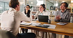 Handshake, interview and business people with applicant in office for recruitment process. Meeting, onboarding and man candidate with HR panel for shaking hands with job offer agreement for hiring.