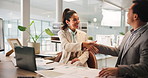 Shaking hands, interview and businesswoman with candidate in office for recruitment process. Meeting, onboarding and man applicant with HR manager for job offer handshake for hiring opportunity.