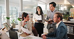Documents, laptop and business people in office, meeting and corporate training for accounting. Group, employees and financial advisor in workplace, cooperation or pc with feedback for company profit