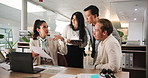 Conversation, laptop or business people in office, meeting or teamwork for company audit. Group, financial advisor or consultant in workplace, cooperation or pc with accounting or planning for budget