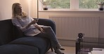 Mature woman watching tv, news media and movies, cable show and broadcast in home lounge, living room sofa and retirement. Relaxed woman relax, television subscription and streaming entertainment