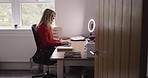 Home office, woman and typing email on computer for online public relations business at desk. Remote work, pc and internet employee working at home thinking with focus and reading glasses.

