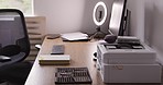Desk in home office, technology and social media influencer workspace, computer and selfie ring with printer for online connection. Connect, workplace chair and web, blog or vlog on the internet.