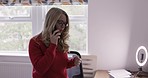 Remote work, mature woman and phone call for networking on her cellphone. Aged female freelance worker working from home on a mobile call for communication with smartphone contact about business deal