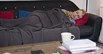 Mature woman sleeping with blanket on sofa, living room and relaxing, dreaming and afternoon nap time in peace, quiet and calm Australia apartment. Tired, sleepy and cozy lady rest on couch at home 