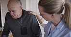 Nurse, help and senior man with disability in nursing home with caregiver support, trust and care. Physiotherapy, walking and elderly patient in healthcare checkup with parkinson and stroke recovery