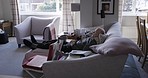 Retirement, mature man and sleeping during rehabilitation rest in nursing home on the living room sofa. Rehab, retire and senior male pensioner napping and dreaming on a couch for relaxation 