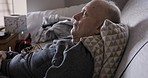 Relax, sleeping and retirement man on sofa in nursing home for peace, health and elderly wellness. Dream, nap and senior person resting on comfortable couch for wellbeing in retirement home.