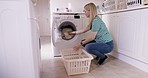 Cleaning, fabric and washing machine with woman and basket for cleaner, housekeeping and clothes washing. Hygiene, fresh and linen with housewife and home appliance for tidy, sanitary and routine