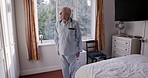 Neck stretching, health and senior man in bedroom home for neck pain, injury recovery and morning fitness. Wellness, rehabilitation and retired and elderly male exercise for healthcare in house alone