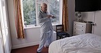 Old man, bedroom workout and home stretching, rehabilitation and mobility exercise for healthy lifestyle, fitness and physiotherapy. Senior guy in morning, body muscle movement and active retirement 