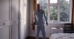 Old man, rehabilitation and dumbbell exercise in bedroom for healthy lifestyle, fitness or physiotherapy. Senior, retirement or elderly guy sports workout, weight training and muscle movement in home
