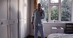 Fitness, health and senior man in bedroom at nursing home, bicep workout for mobility in morning routine. Exercise, healthy dumbbell training and old man in retirement home for rehabilitation 
