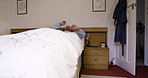 Bed, wake up and senior man stretching arms for health, wellness and rehabilitation in the morning. Waking up, retirement and elderly male from Canada ready to start day after sleeping or resting.
