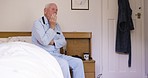 Morning, thinking and tired elderly man on bed with fatigue, depression or alzheimers in Australia. Wake up, depressed and lonely senior person yawning at nursing home with confused thoughts.
