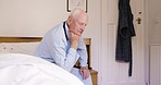 Stress, tired and senior man in the bedroom, thinking and sad about retirement in a house. Anxiety, depression and elderly person with doubt, idea and depressed about a mistake, problem or fail