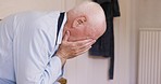 Sad, depression and senior man in home thinking about life problems, loneliness or past memory. Anxiety, mental health and retired elderly male from Canada depressed, stressed and unhappy in house.