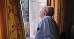 Senior man, open curtain and sunshine for morning routine, drawing curtains in bedroom or window in retirement home. Opening drapes, looking outside and elderly person start day in nursing home 